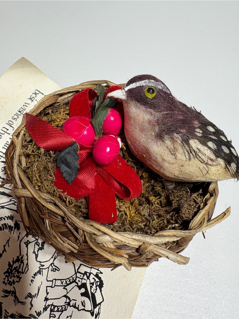 Vintage Handcrafted Bird in nest Christmas Ornament Berries good luck German